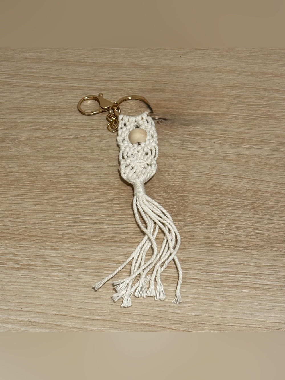 Handmade Cream Macrame Keychain with Wooden Bead